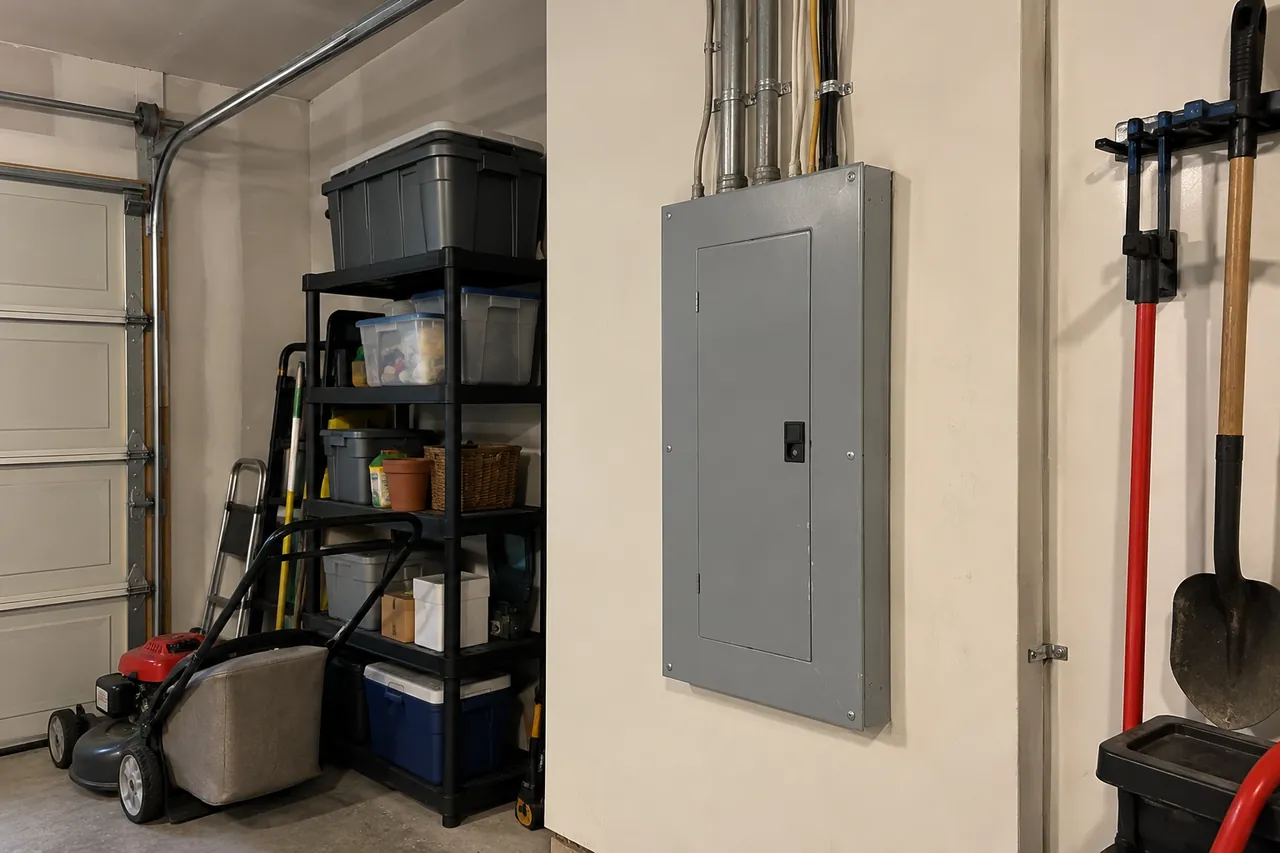 A gray electrical panel with its door closed on a garage wall, with conduit running up into the ceiling and a lawn mower and storage shelf beside it
