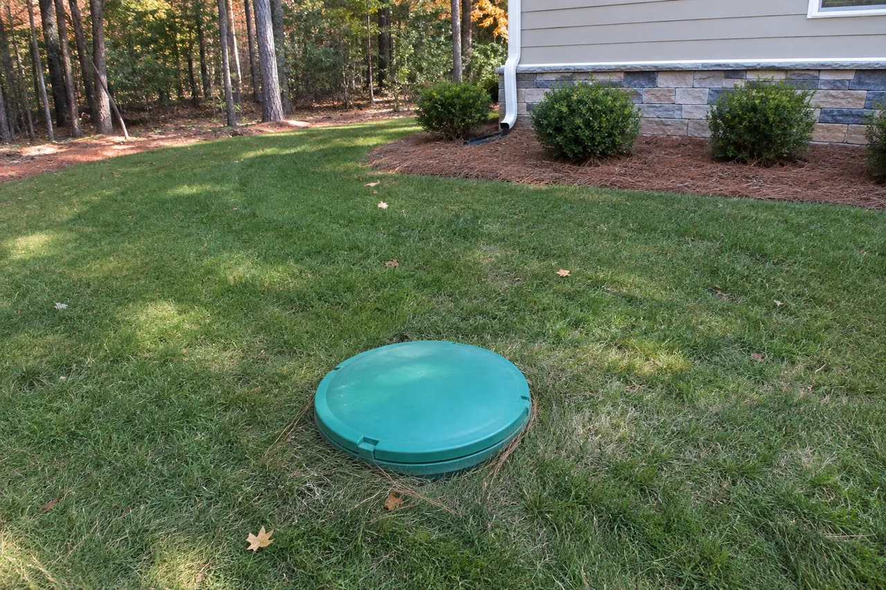 The round green lid of a buried propane tank sitting a few inches above a mowed lawn in a side yard, with a pine straw bed and the corner of a house behind it