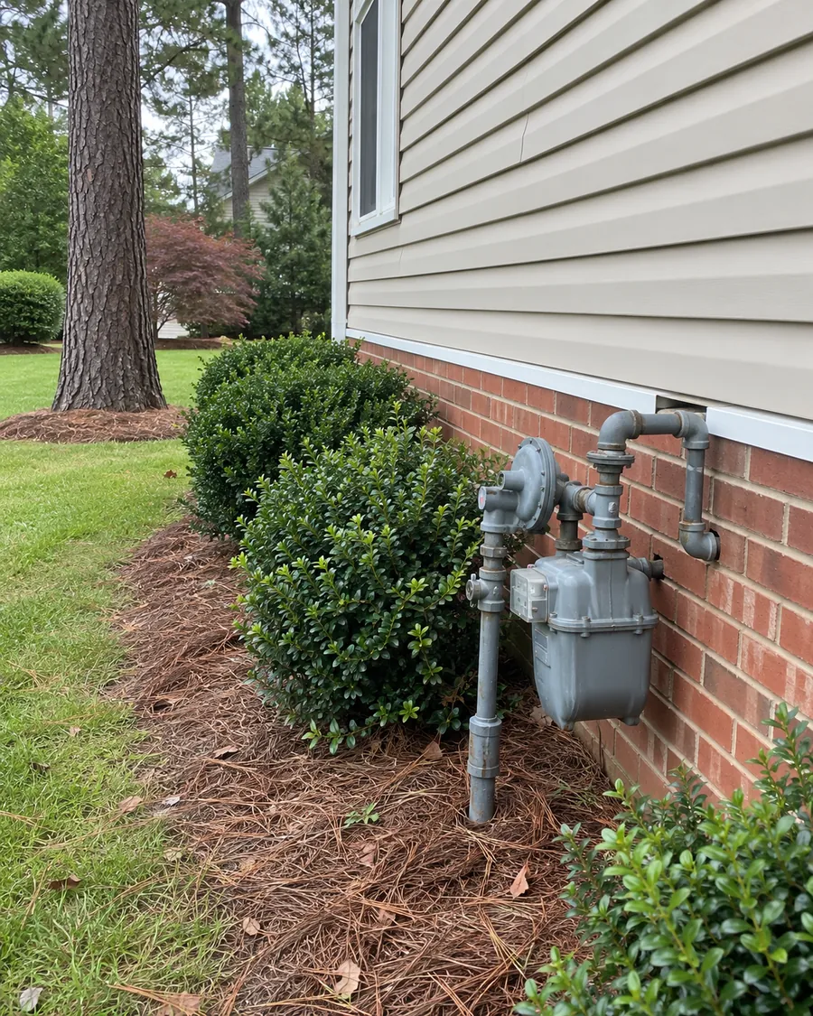 A natural gas meter and regulator on the brick foundation of a house with vinyl siding, beside boxwoods, pine straw and a pine tree