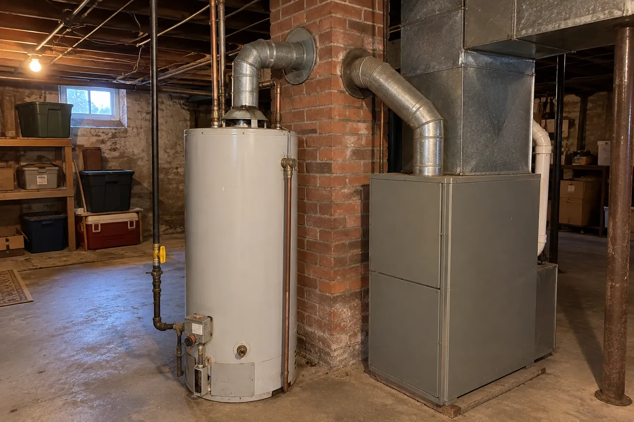 An older gas tank water heater in an unfinished basement corner, its metal vent pipe joining a brick chimney next to the furnace's vent