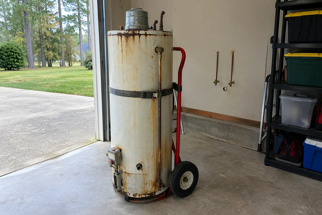 An old, rust-streaked tank water heater strapped to a hand truck inside an open garage door, with a driveway and trees outside