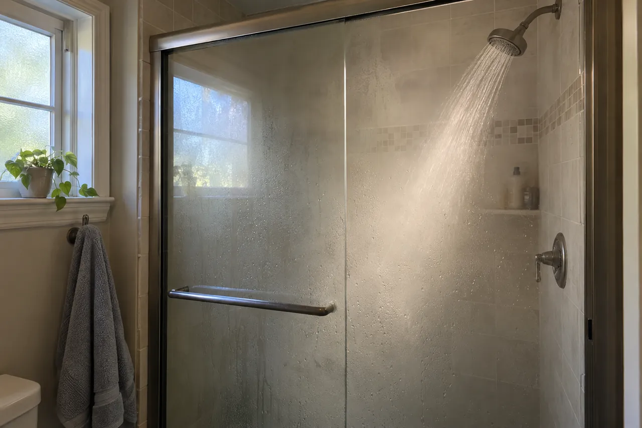 A shower running in a tiled bathroom, with steam fogging the glass door and morning light from a window