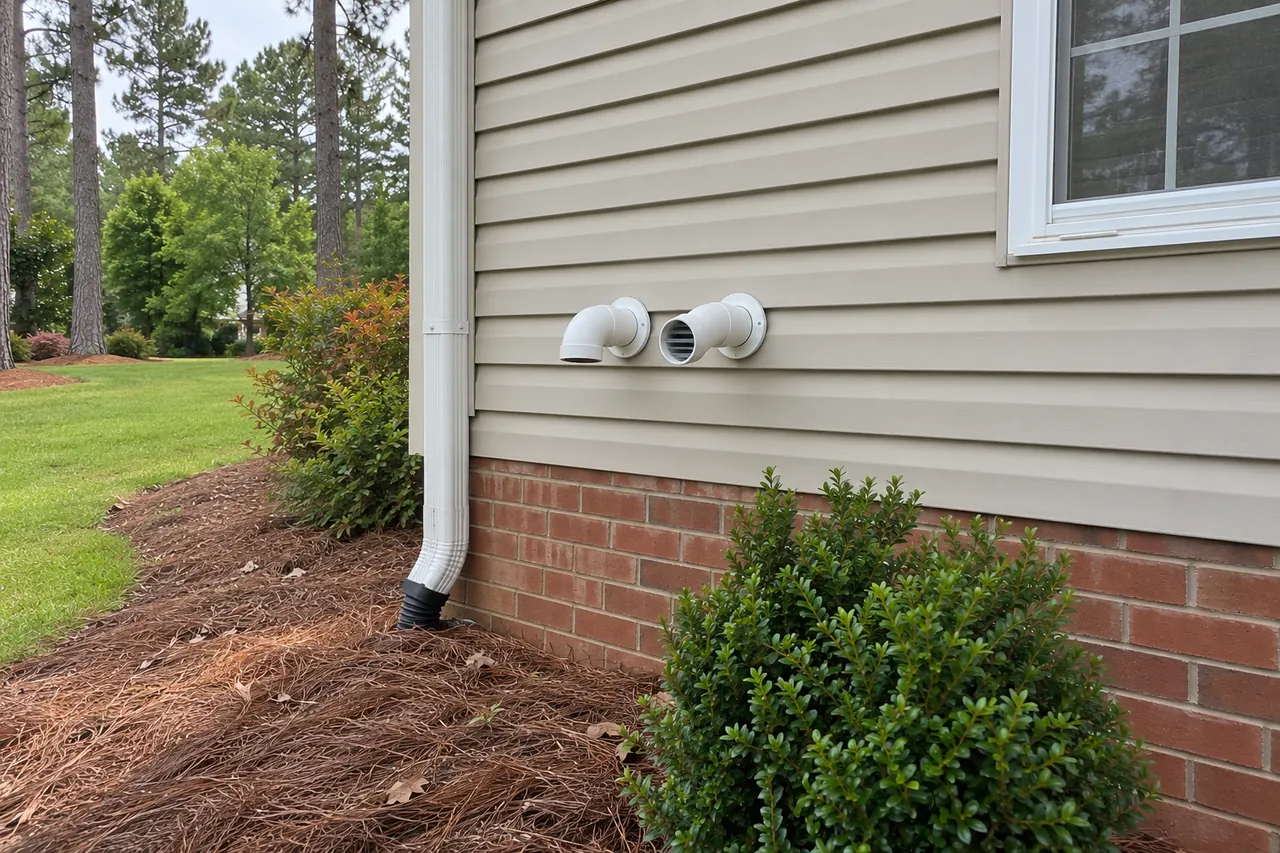Two short white plastic vent pipes coming out through the vinyl siding of a house, below a window and above a brick foundation and pine straw bed